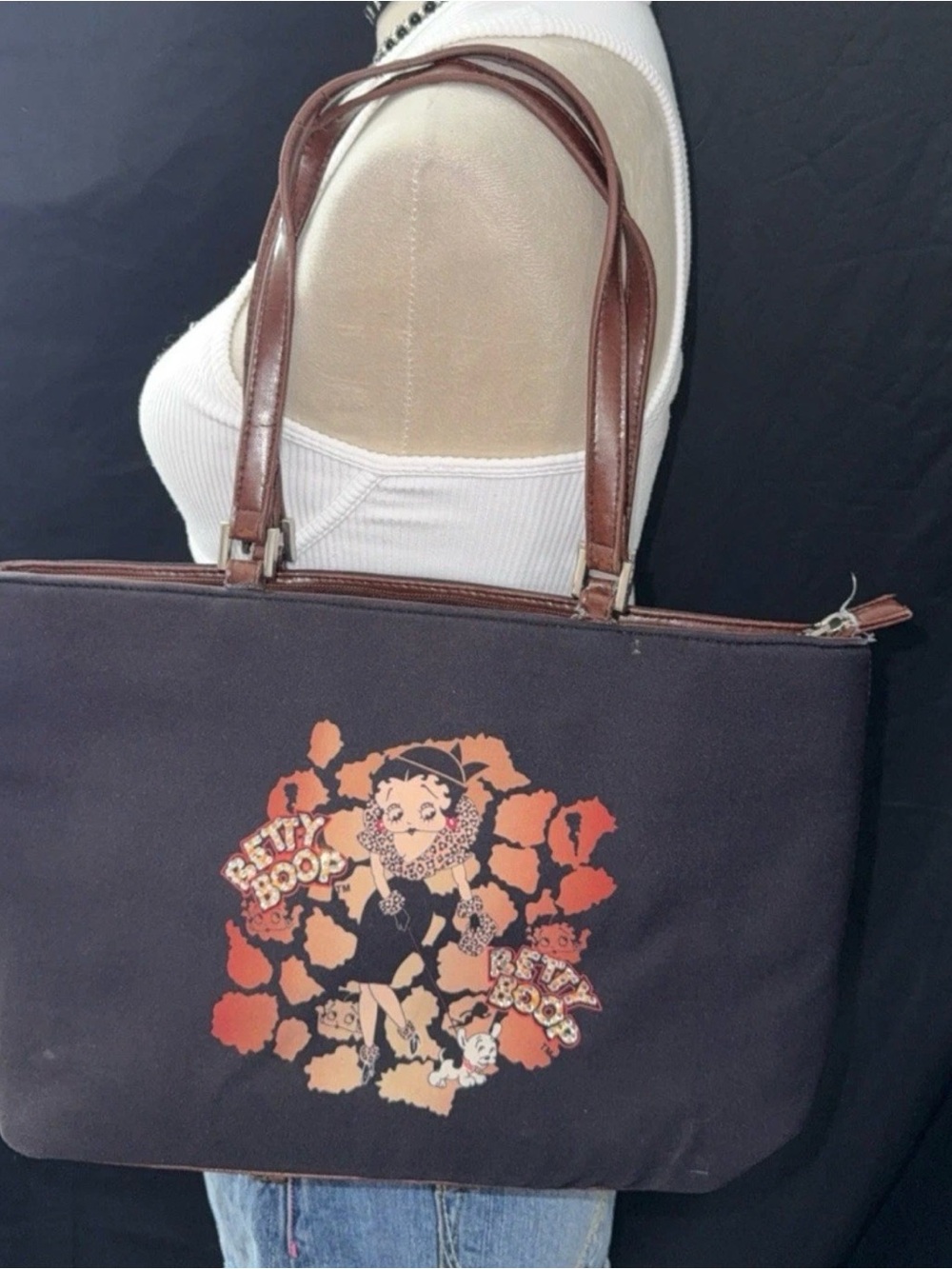 Betty Boop Black Canvas Tote with Brown Handles and Retro Graphic